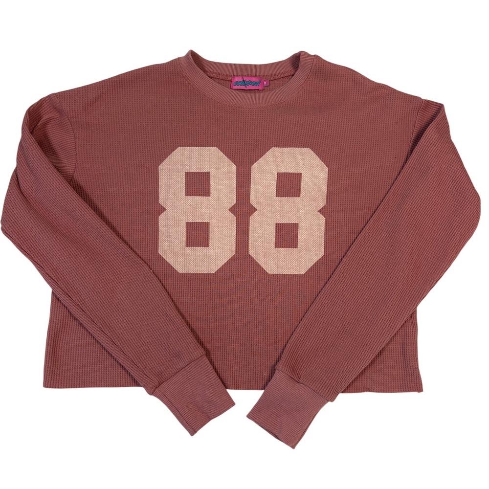 Edikted Waffle Knit Thermal Crop Top Mauve Pink Graphic 88 Long Sleeve XS